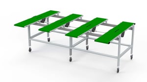 Fyra synkroniserade bandtransportörer